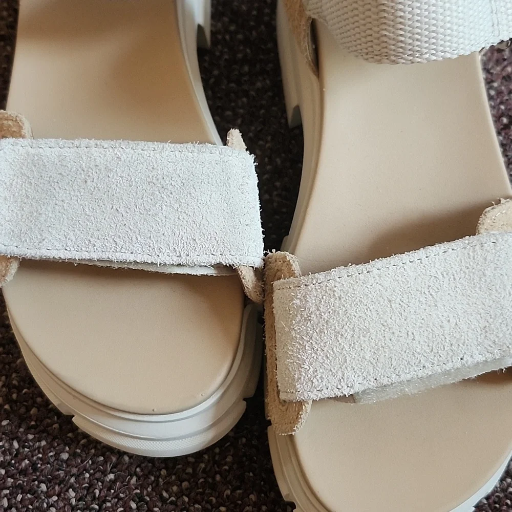 UGG White and Tan Sandals with Padded Straps - Picture 10 of 11